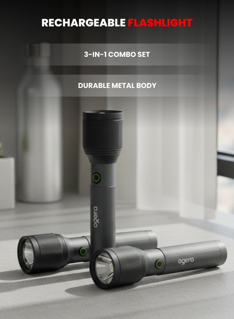 أوجيرا كشاف LED قابل لإعادة الشحن | كشاف ليزر عالي القدرة 30 واط | سطوع 3000 لومن | مدى إضاءة 4000 متر | شحن USB Type-C | مقاوم للماء IPX5 | خاصية الزوم ووضع SOS للطوارئ | ضمان سنتين | OG1100SLC23 | أسود - Image 1